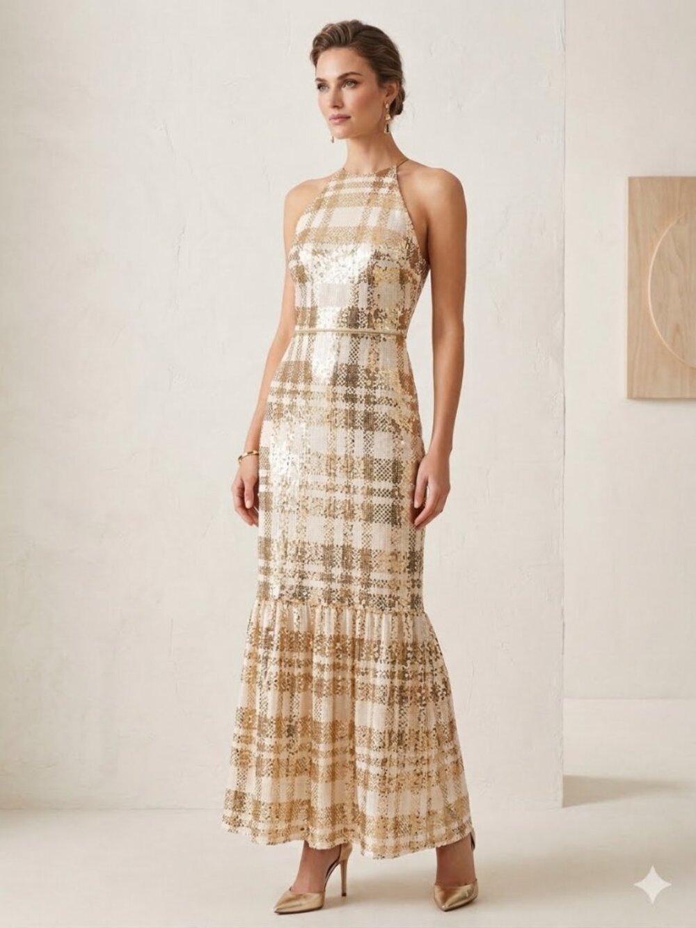 Arose Studio See You Monday Plaid Sequin Halter Mermaid Midi Dress Gold White 6